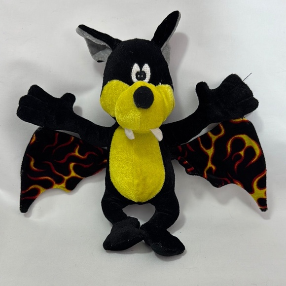 B J Toy Co Halloween 11" Black Yellow Vampire Fanged Bat Plush Flame Wings 2011 - Picture 1 of 7
